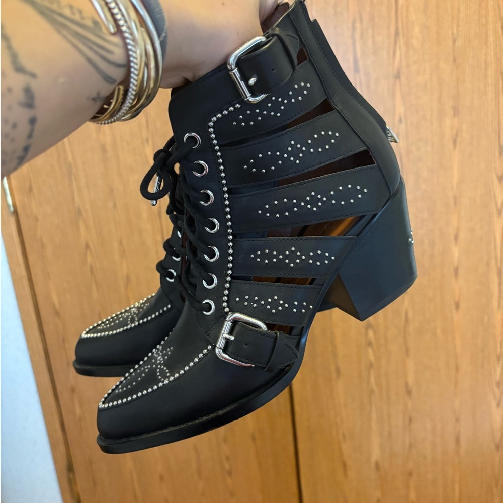 Coach Black Lace Up Boots with Chunky Heel and Cutout Design